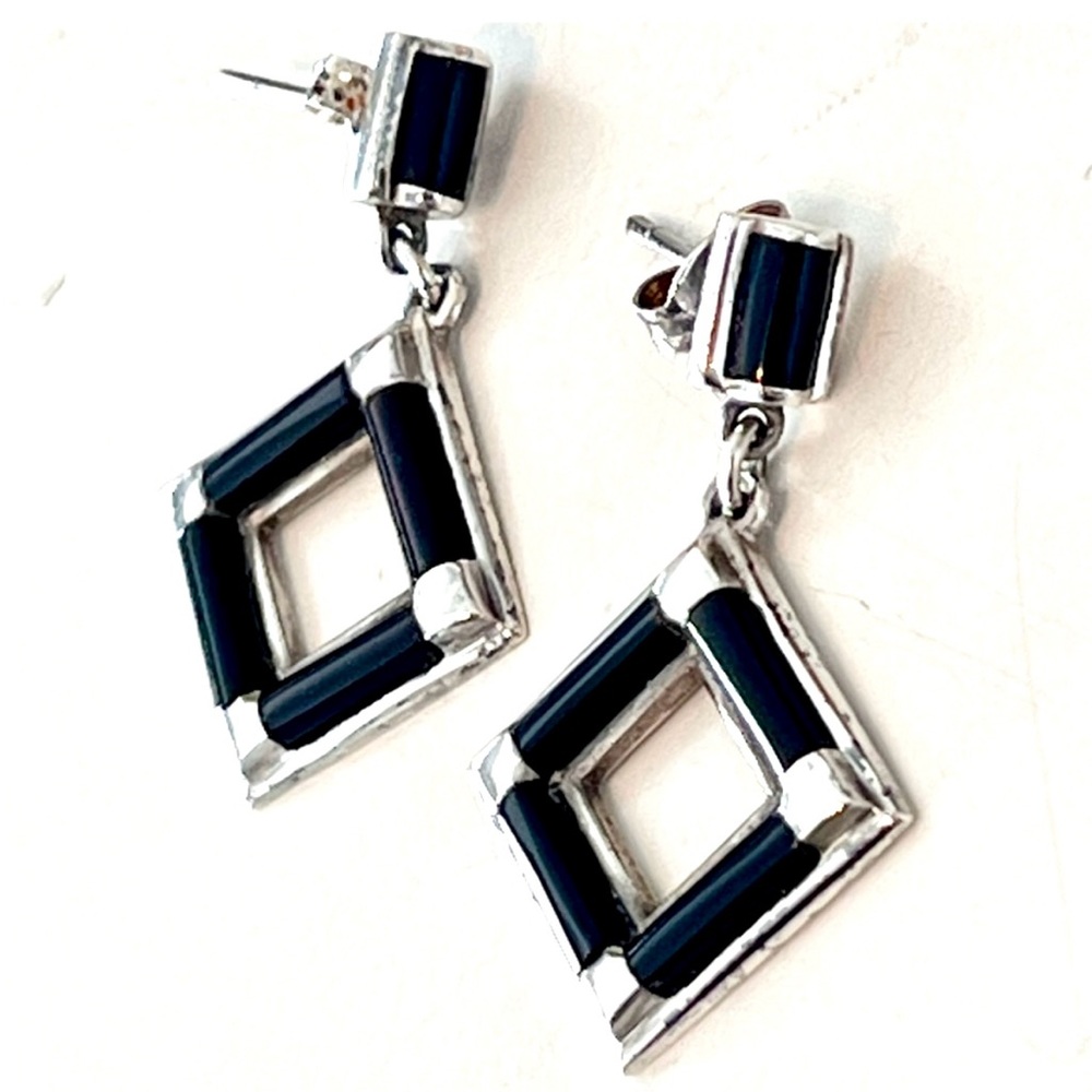 Vintage 925 Black Onyx Picture Frame Earrings